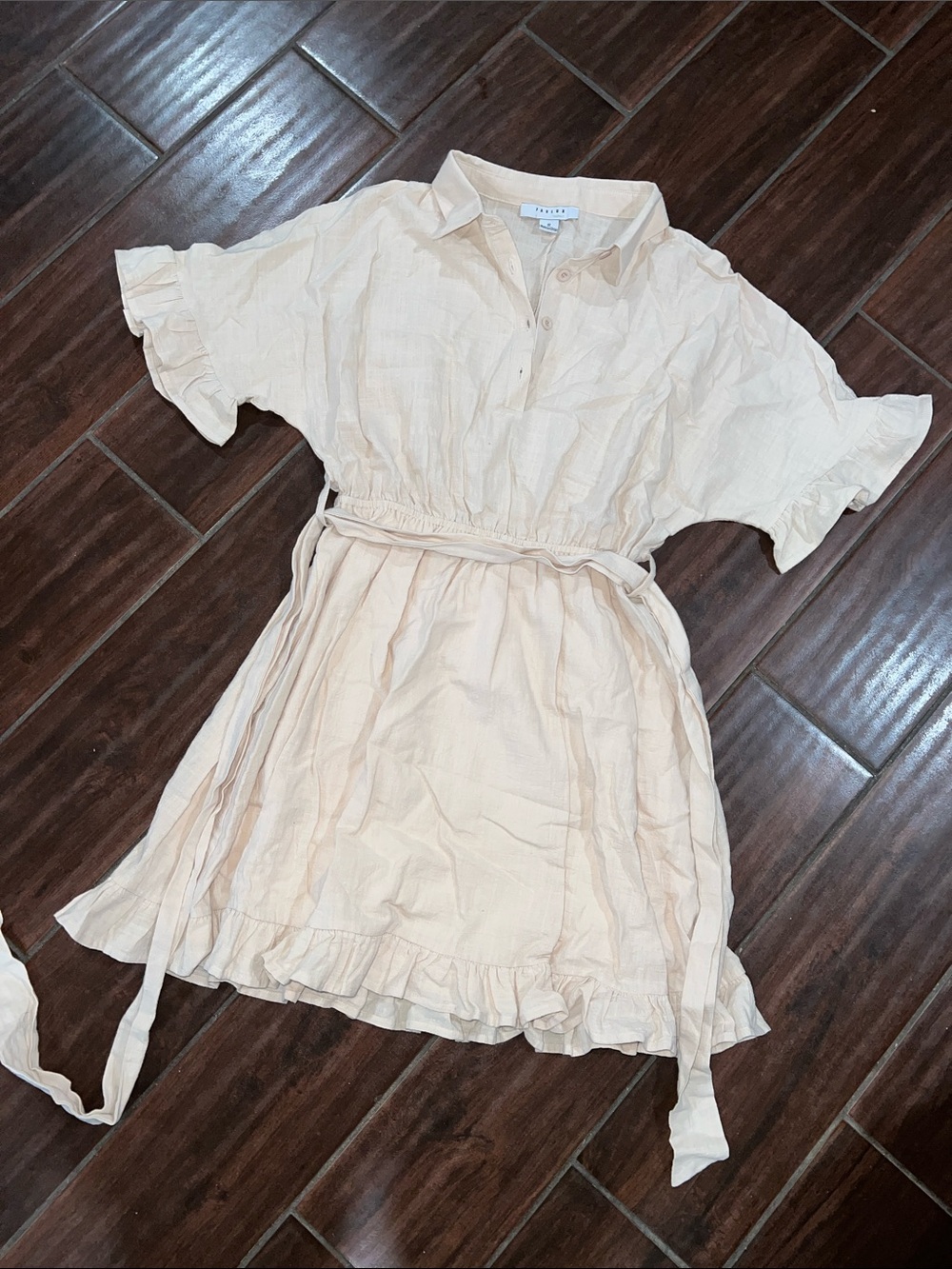 FAVLUX Cream Ruffle Waist-Tie Mini Dress